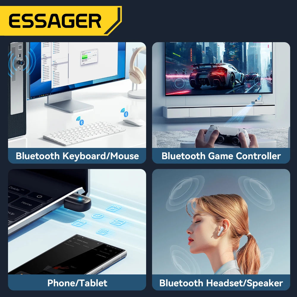 Adaptador USB Bluetooth 5.3 Essager, receptor y transmisor de audio auxiliar para PC, altavoz, portátil, caja de sonido, ratón inalámbrico, transmisor USB