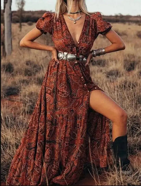 TEELYNN boho long dress Vintage 2023 floral print Chiffon three quarter sleeve v-neck summer Gypsy Hippie women dresses vestidos - Lootquake