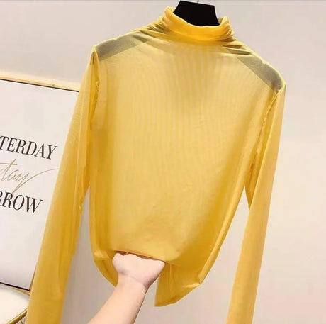 Neon Shirt for Women Long Sleeve Stand Collar Sheer Top Yellow Gold Mesh Blouse Sexy Party Club Streetwear Hip Hop Tee Tops - Lootquake