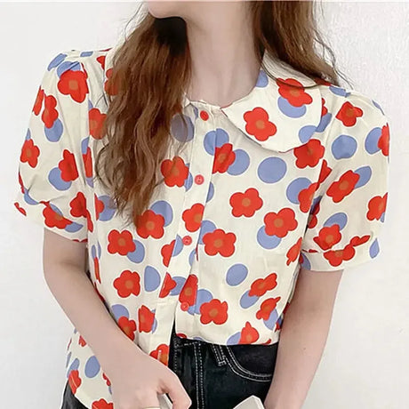 Women Summer Korean Casual Printing Chiffon Loose Polo-Neck Short Sleeve Blouse Women Clothes Sweet All-match Floral Top Tee - Lootquake