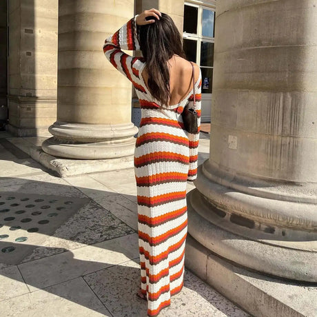 Knitting Hollow Out Dresses Women's Striped Contrast Dresses Beach Vacation Sexy Long Dress Autumn And Winter Sweater Dress - Lootquake