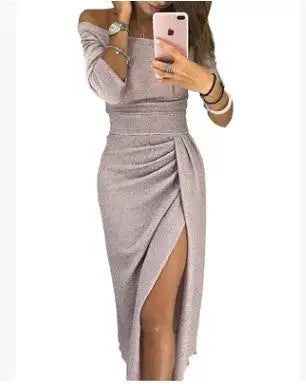 Slit Slash-neck Dress Women Sparkling Slim Long Dress Summer Korean Fashion Dinner Dress Bodycon Solid  Women Dresses Vestidos - Lootquake
