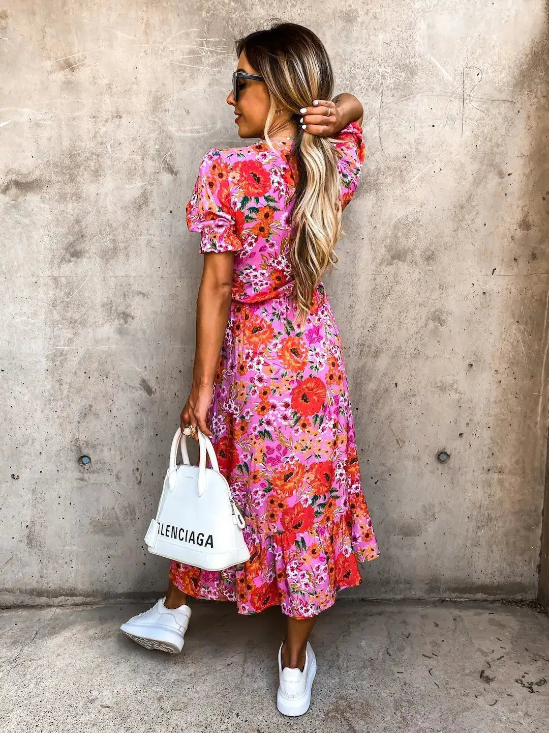 Vestido de verano con estampado floral para mujer, cuello en V, abertura lateral, largo, elegante, manga corta, botones, ajustado, para fiesta de primavera