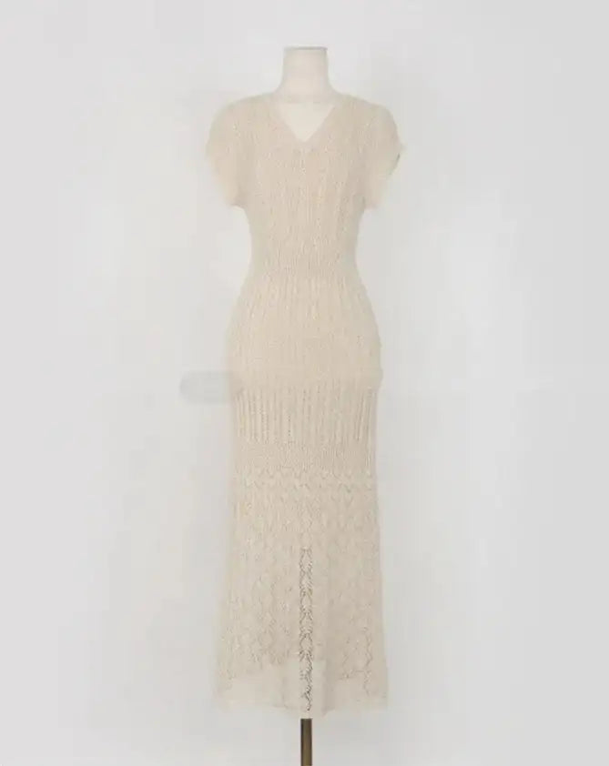 Summer High Quality Korean Simple Hollow Out Vest Knit Sweater Dress Women Japanese Gentle V-Neck Slim Elastic Knit Long Dress - Lootquake