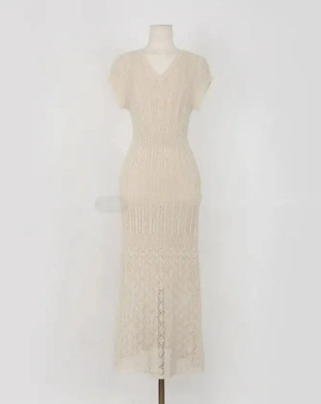 Summer High Quality Korean Simple Hollow Out Vest Knit Sweater Dress Women Japanese Gentle V-Neck Slim Elastic Knit Long Dress - Lootquake
