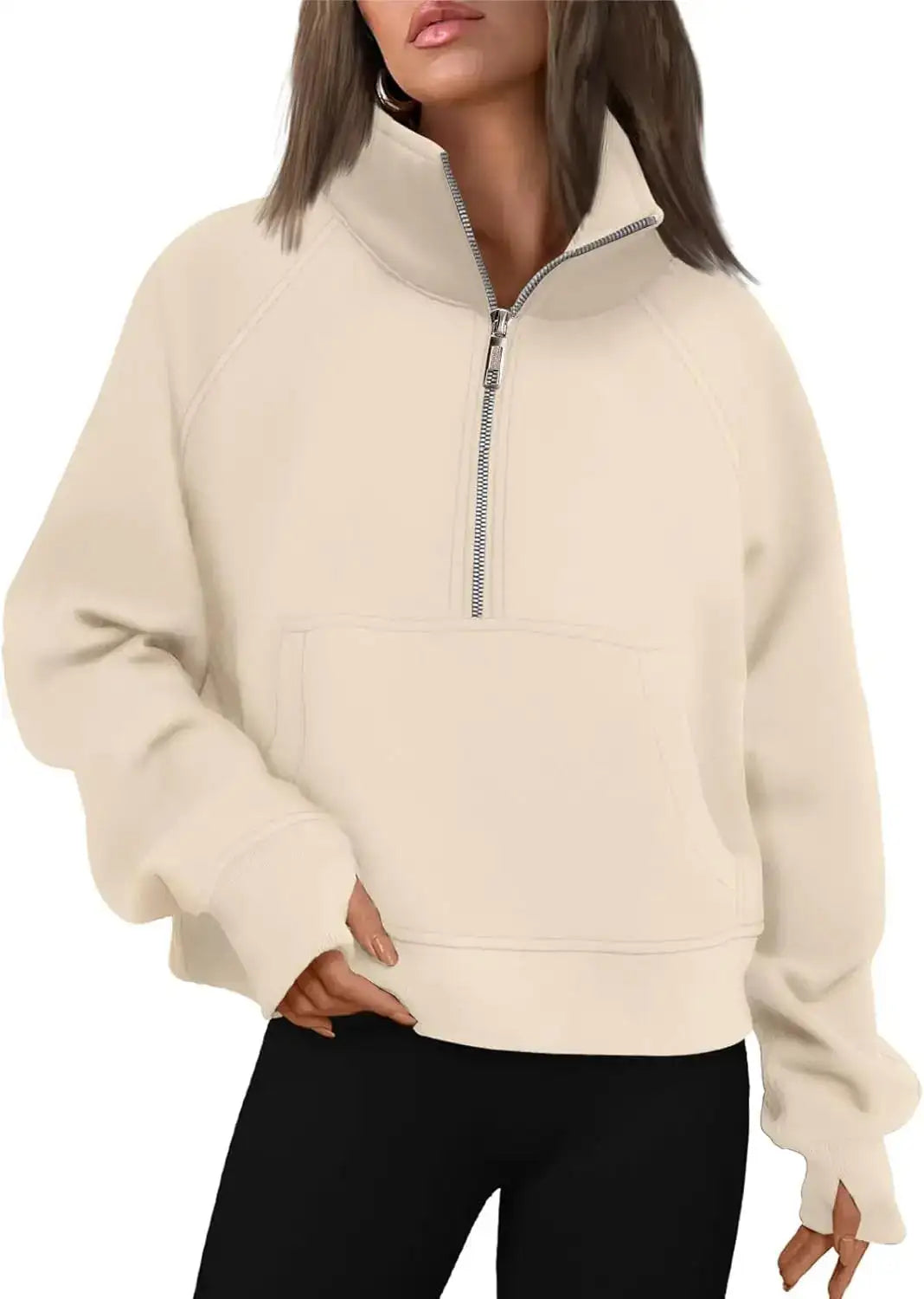 Womens Sweatshirts Half Zip Cropped Pullover Fleece Quarter Zipper Hoodies Fall outfits Clothes Thumb Hole - Lootquake
