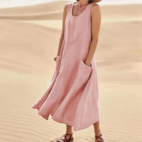 Cotton Linen Sleeveless Dress for Women Summer Pullover Skirt Vestidos Fashion Female Clothing Short Sleeved Loose Long Dress - Lootquake