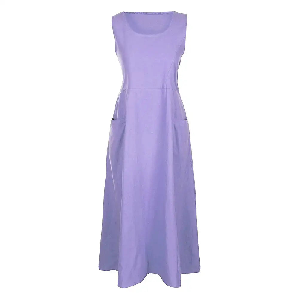 Cotton Linen Sleeveless Dress for Women Summer Pullover Skirt Vestidos Fashion Female Clothing Short Sleeved Loose Long Dress - Lootquake