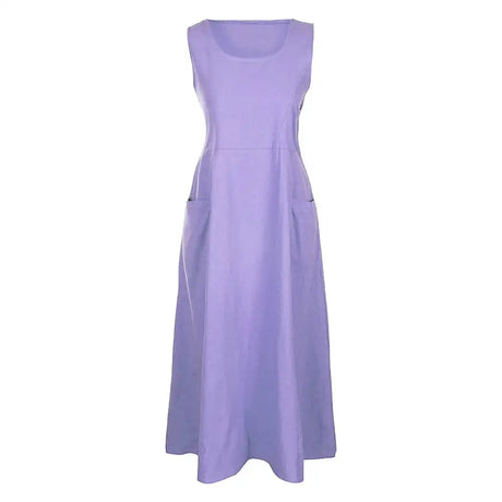 Cotton Linen Sleeveless Dress for Women Summer Pullover Skirt Vestidos Fashion Female Clothing Short Sleeved Loose Long Dress - Lootquake