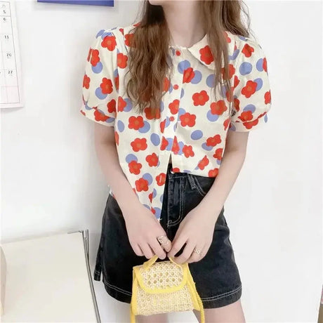 Women Summer Korean Casual Printing Chiffon Loose Polo-Neck Short Sleeve Blouse Women Clothes Sweet All-match Floral Top Tee - Lootquake
