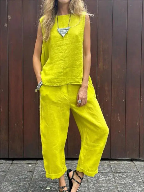 Summer Cotton And Linen Casual Outfits Female Fashion Solid Color Two-piece Set For Women Sleeveless Top Trousers Women's Suit - Lootquake