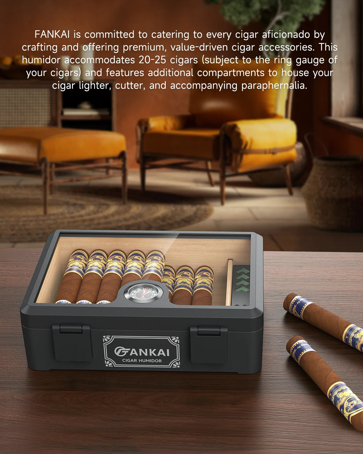 Cigar Humidor,Full Glass Top Cigar Box with Humidifier and Hygrometer,Crushproof Case,Cedar Wood Lining Storage for 20-25 Cigars