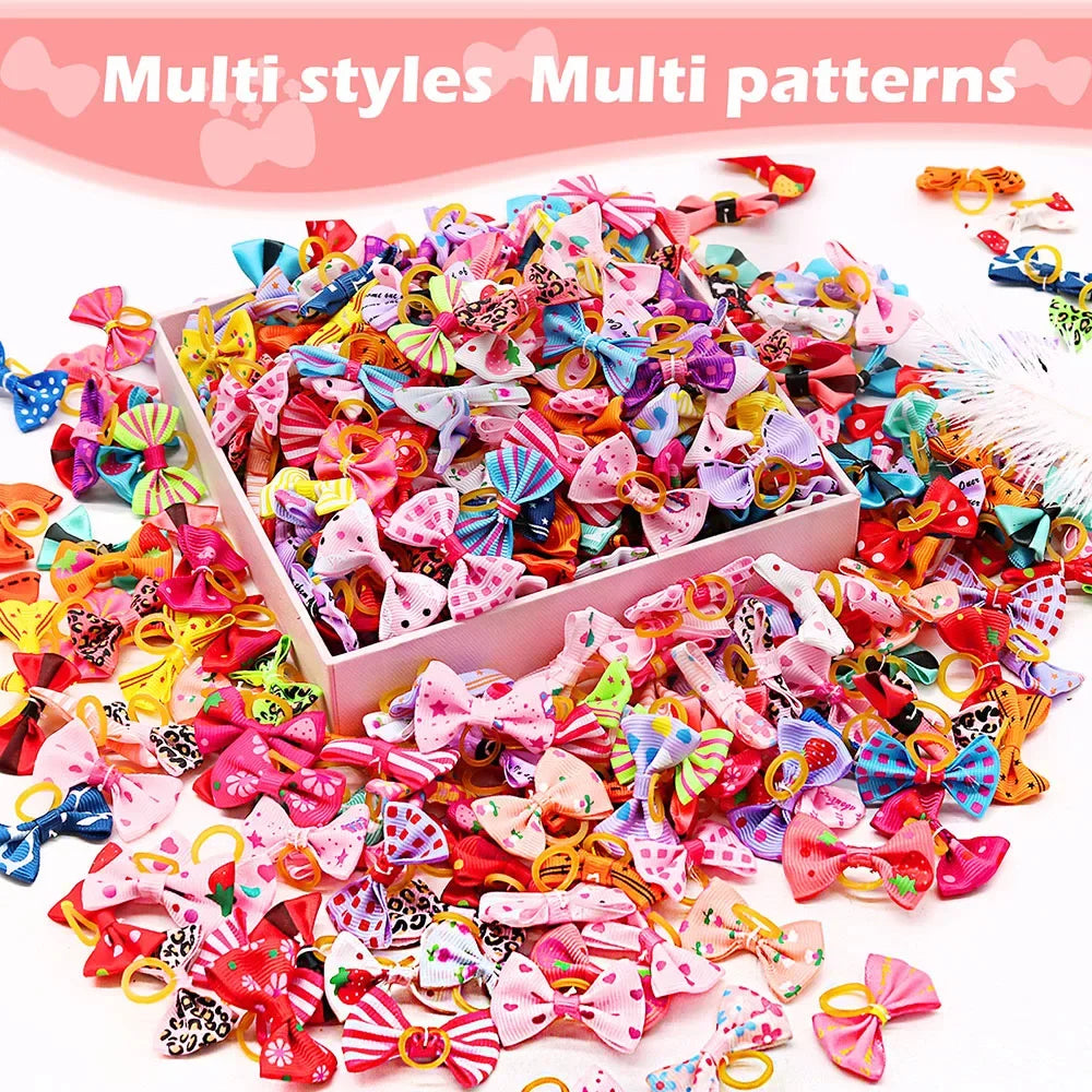 Lot de 100 nœuds pour chiots, accessoires de toilettage mobiles faits à la main pour chiens et chats, avec élastique
