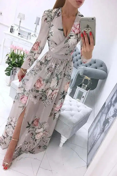 Amazon eBay Cross border 2024 Summer Chiffon Printed Long Dress V-neck Dress Long Sleeve Split Dress Women - Lootquake