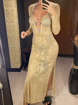 Vestido de mujer con escote en V profundo, manga larga, encaje, abertura, tejido a crochet, malla transparente, sexy, ajustado, largo, V4146B