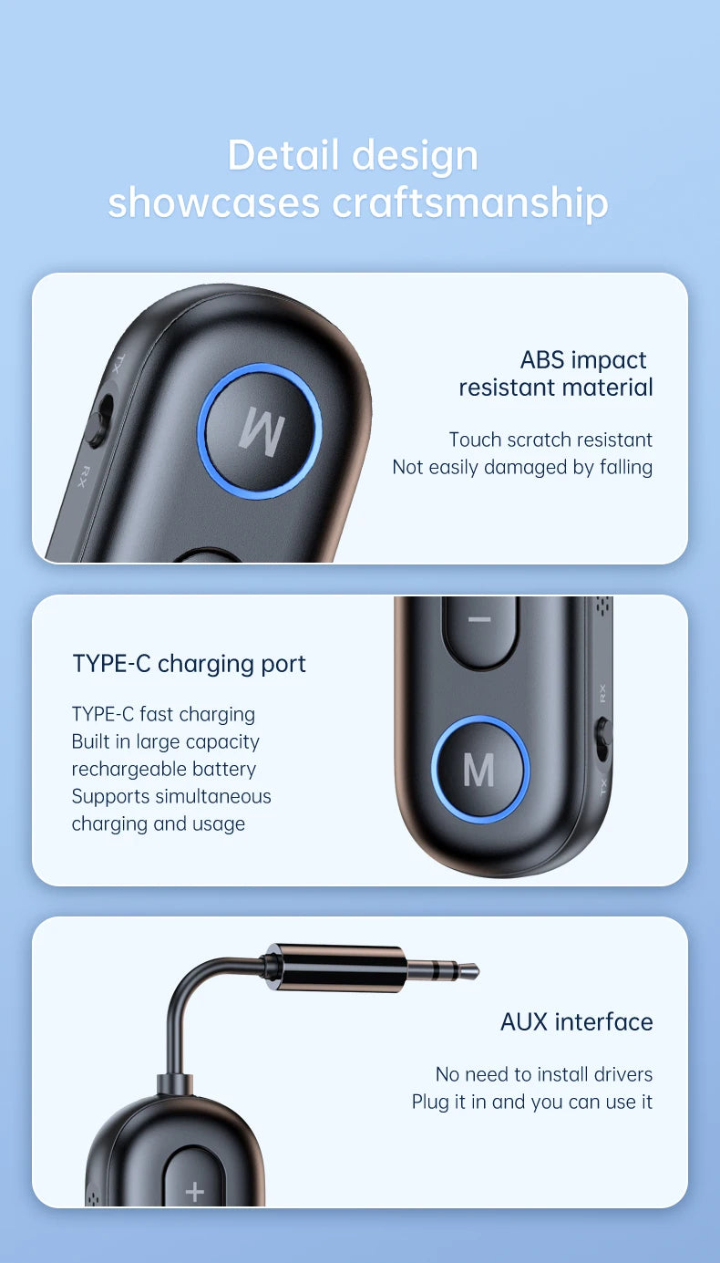 Receptor y transmisor de audio Bluetooth 5.3 con conector auxiliar de 3,5 mm para avión, adaptador USB inalámbrico para TV, PC, auriculares, kit de coche y altavoz.