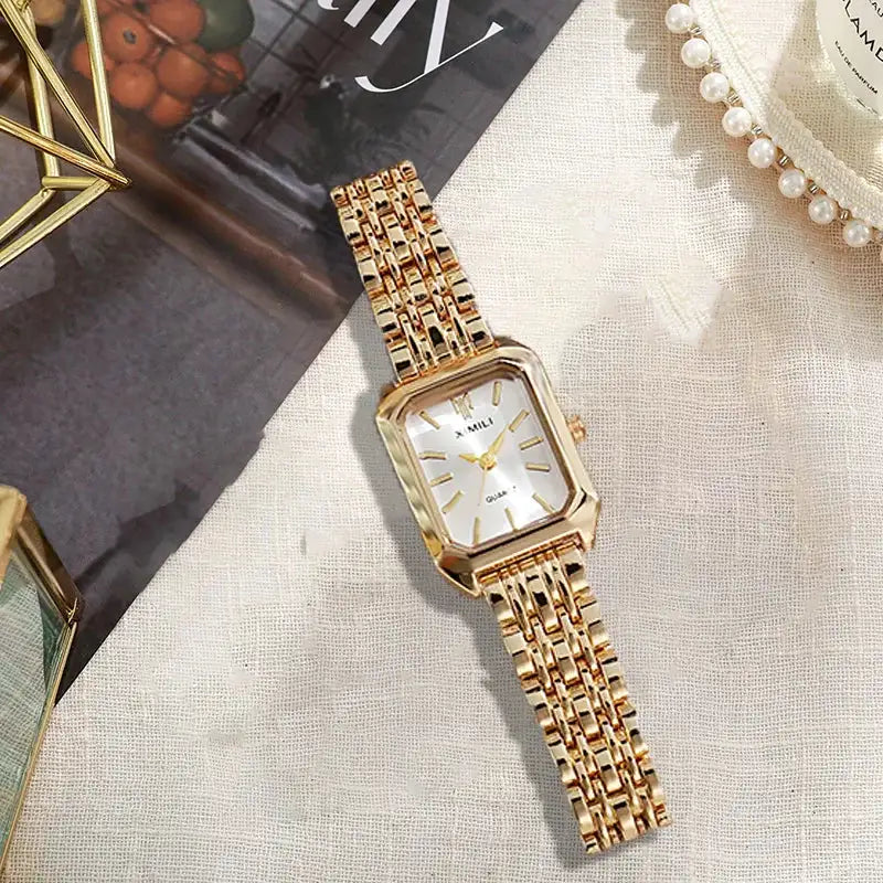 Small niche luxury fashion retro high-end gold steel strip small square watch with temperament women'squartz watch (without box） - Lootquake