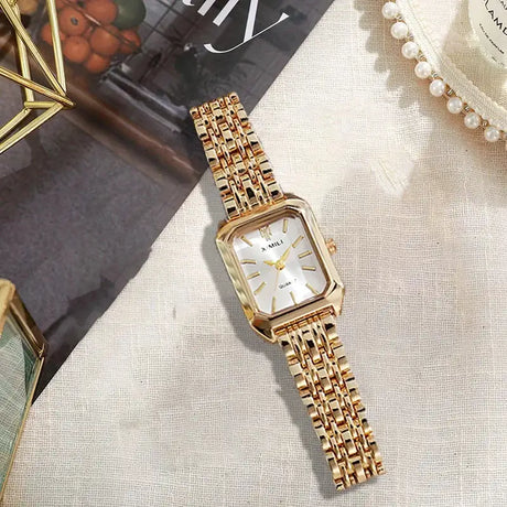Small niche luxury fashion retro high-end gold steel strip small square watch with temperament women'squartz watch (without box） - Lootquake