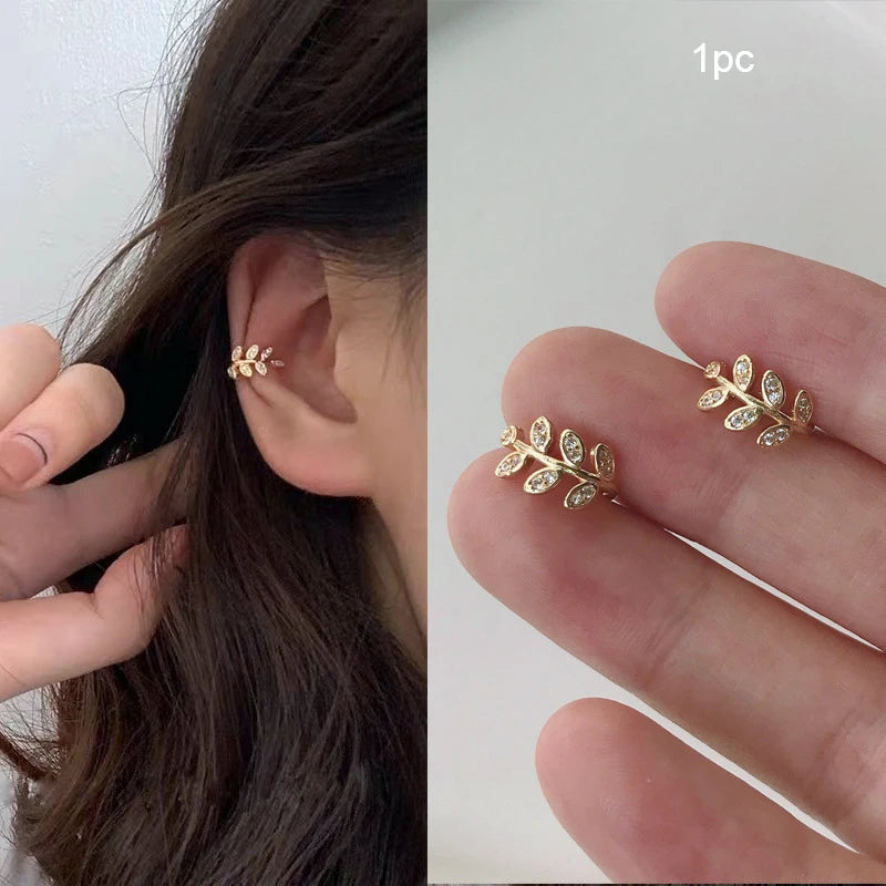 LATS Gold Color Leaves Ear Cuffs, Black Non-Piercing Ear Clip Earrings for Women & Men