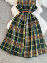 Autumn Winter Plaid Woolen Dress Women Vintage V Neck Sleeveless Long Dress With Belt Streetwear Sundress - Lootquake