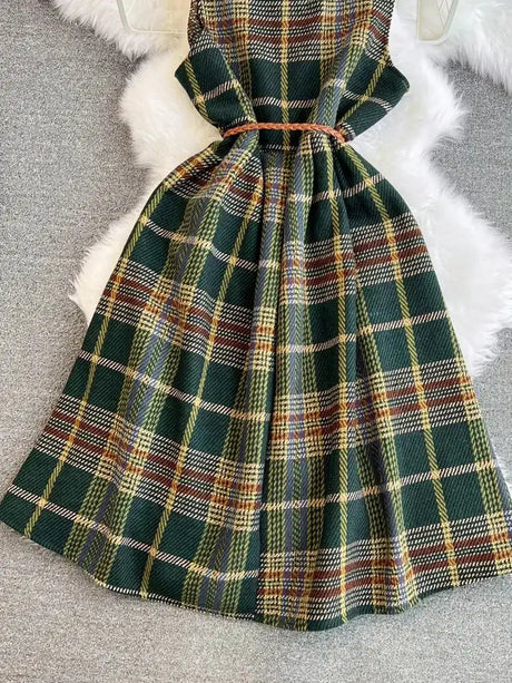 Autumn Winter Plaid Woolen Dress Women Vintage V Neck Sleeveless Long Dress With Belt Streetwear Sundress - Lootquake