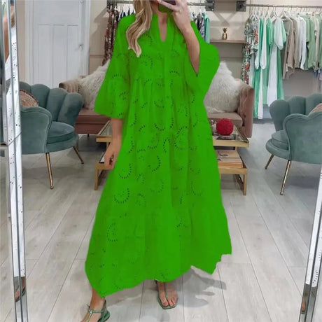 Fitshinling Cotton Long Dress Women Costume Flare Sleeve Slim A-Line Robe Fashion Hollow Out Lace Maxi Dresses Dance Wear - Lootquake