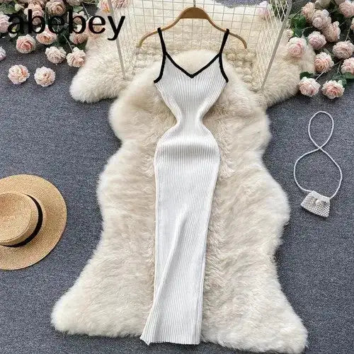Summer V Neck Knit Sexy Strap Dress Women Elatic Waist Bodycon Sundress Female Beach Backless Maxi Long Dress