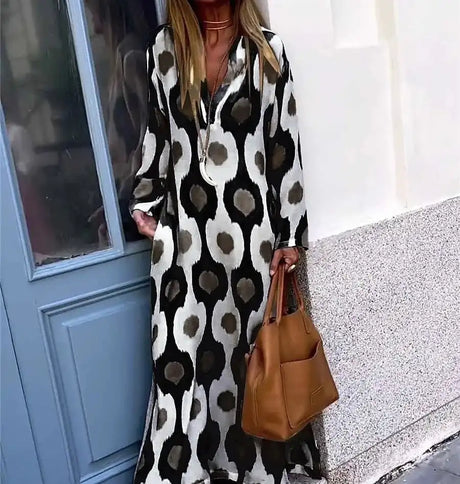 Bohemian Casual Print V-neck Long Dress Spring Autumn Vintage Mosaic Print Maxi Dress Loose Long Sleeve Holiday Dresses Vestido - Lootquake