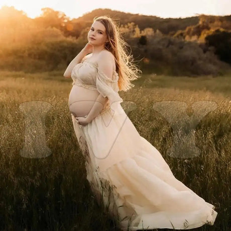 Maternity Dress For Photoshoot Pregnancy Off Shoulder Ruffled Semi Transparent Chiffon Long Dress Photography Dress For Women - Lootquake