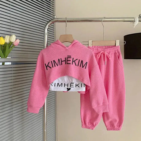 Autumn Baby Girl 3 Pieces Clothes Set Children Long Sleeve Letter Pullover + Sleeveless Top + Sport Pant Suit Girls Tracksuit - Lootquake