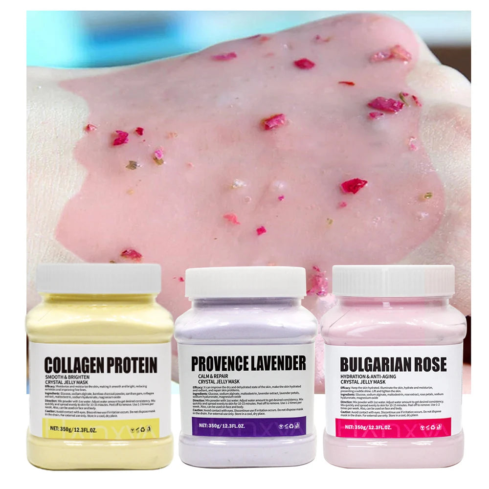 Mascarilla facial de gelatina en polvo de 350 g con cristales de rosa y lavanda, mascarilla facial de colágeno, mascarilla hidratante en polvo para el cuidado de la piel.