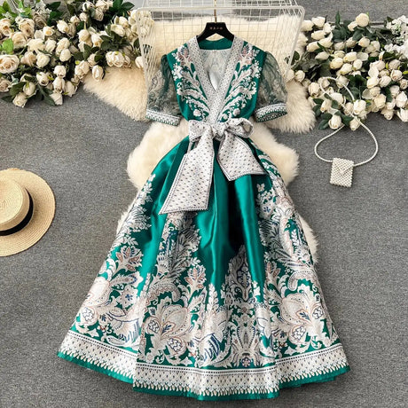 Summer Bohemian Paisley Print Long Dress Women V-Neck Short Puff Sleeve Vintage Print Bandage Lace Up Robe Vestidos Clothes 6237 - Lootquake