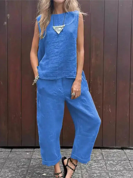 Summer Cotton And Linen Casual Outfits Female Fashion Solid Color Two-piece Set For Women Sleeveless Top Trousers Women's Suit - Lootquake