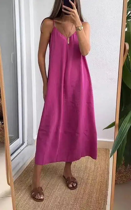 Summer Loose Spaghetti Strap Dresses Women Solid Color V-neck Casual Commuting Sleeveless Long Dress Female Fashion New Vestidos - Lootquake