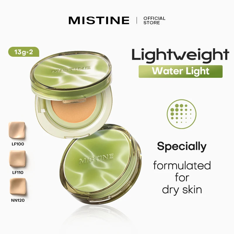 Base de maquillaje Mistine Air Cushion con acabado natural y húmedo, crema hidratante y nutritiva en polvo para piel seca, 13 g x 2