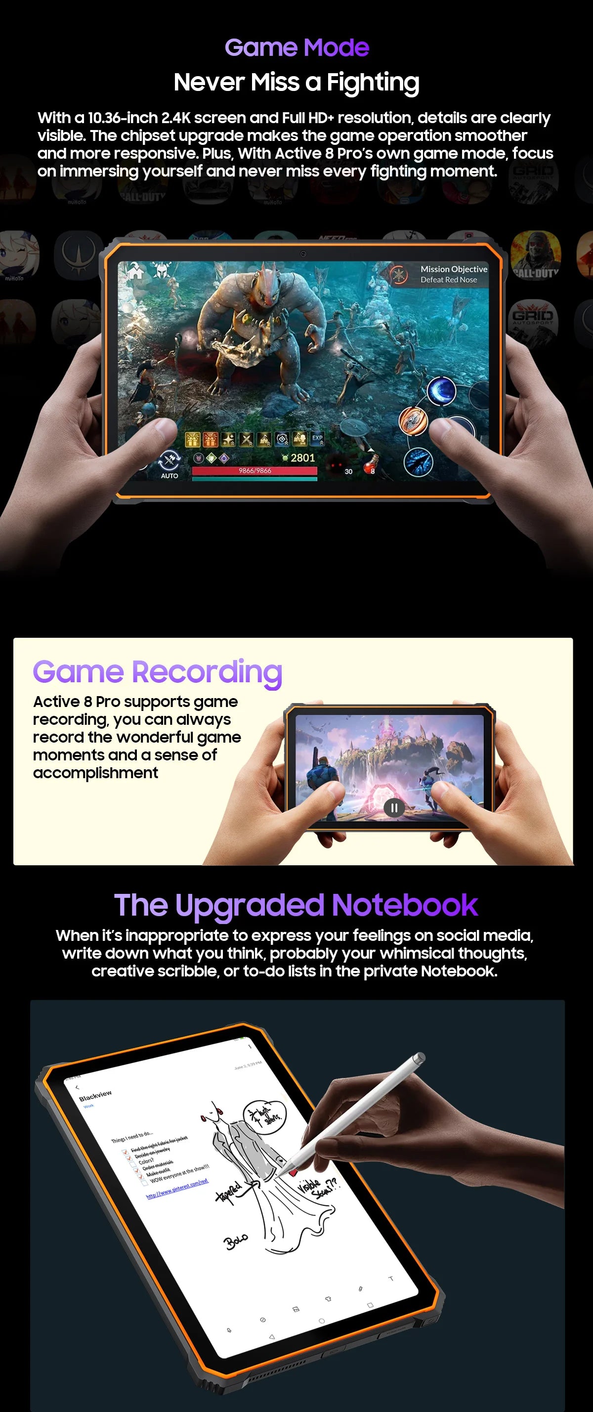 Tablette PC Blackview Active 8 Pro 16 Go 256 Go Batterie 22 000 mAh Android 13 Écran 2,4 K 10,36 pouces Caméra 16 Mpx + 48 Mpx Tablette robuste