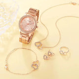 6PCS Set Rose Gold Luxury Watch Women Ring Necklace Earring Rhinestone Fashion Wristwatch Casual Ladies Bracelet Watches - Lootquake