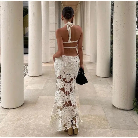 Fashion Hollow Out Halter Maxi Dress For Women 2024 Sexy Sleeveless Backless Long Dress Holiday Hook Flower Knitted Beach Robe - Lootquake