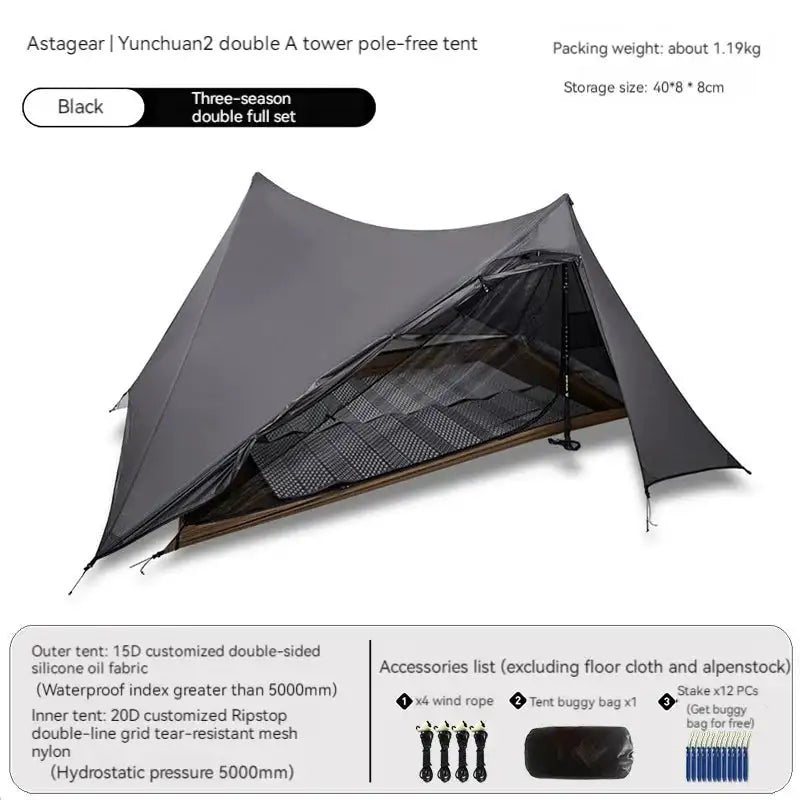Tienda de campaña para acampar y hacer senderismo al aire libre, sin varillas, de nailon 15D, con pirámide doble A y revestimiento de silicona de doble cara, ASTA GEAR Yun Chuan