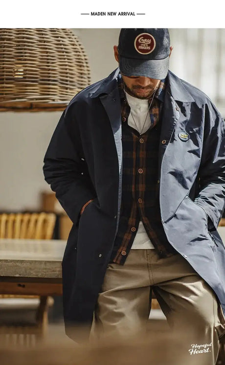 Maden Men's Vintage Balmacaan Waterproof Windbreaker Coat Single-Breasted Mid-Length Classic Collar Jacket for Spring and Autumn - Lootquake