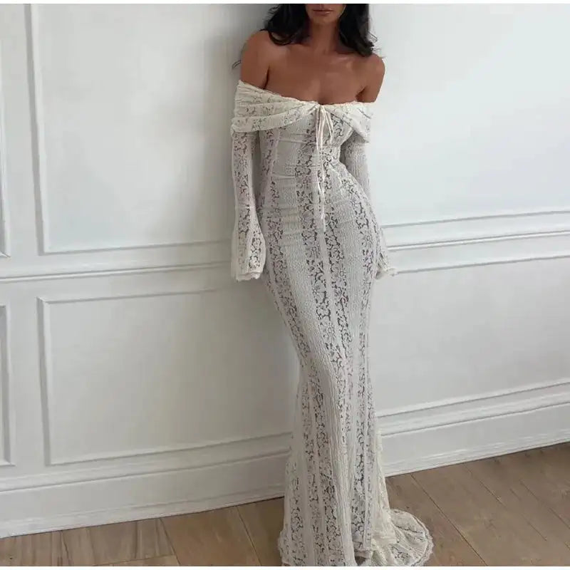 Lace Hollow Out One-shoulder Slim Long Dress For Women Solid Lace Up Waistless Dresses 2024 Chic Sexy Female Party Date Robes - Lootquake