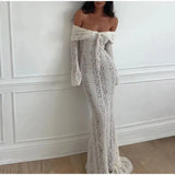 Lace Hollow Out One-shoulder Slim Long Dress For Women Solid Lace Up Waistless Dresses 2024 Chic Sexy Female Party Date Robes - Lootquake