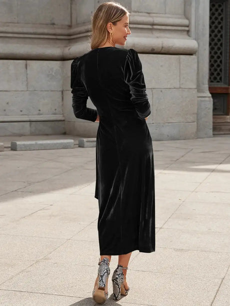 Elegant Solid Velvet Long Dress Women V-neck Wrap Long Sleeve High Waist Ruched Lace-up Birthday Dress Evening Sexy Party Vestid - Lootquake