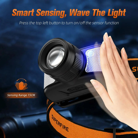 SUPERFIRE HL91 Powerful COB LED Headlamp Induction Zoom USB-C Rechargeable Head flashlight Work Lamp fishing camping Headlight - Lootquake