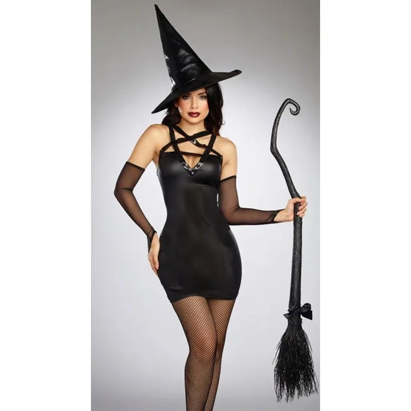 Halloween Gothic Black Witch Costume for Adult Women Purim  Cos Party Wizards Fancy Dress