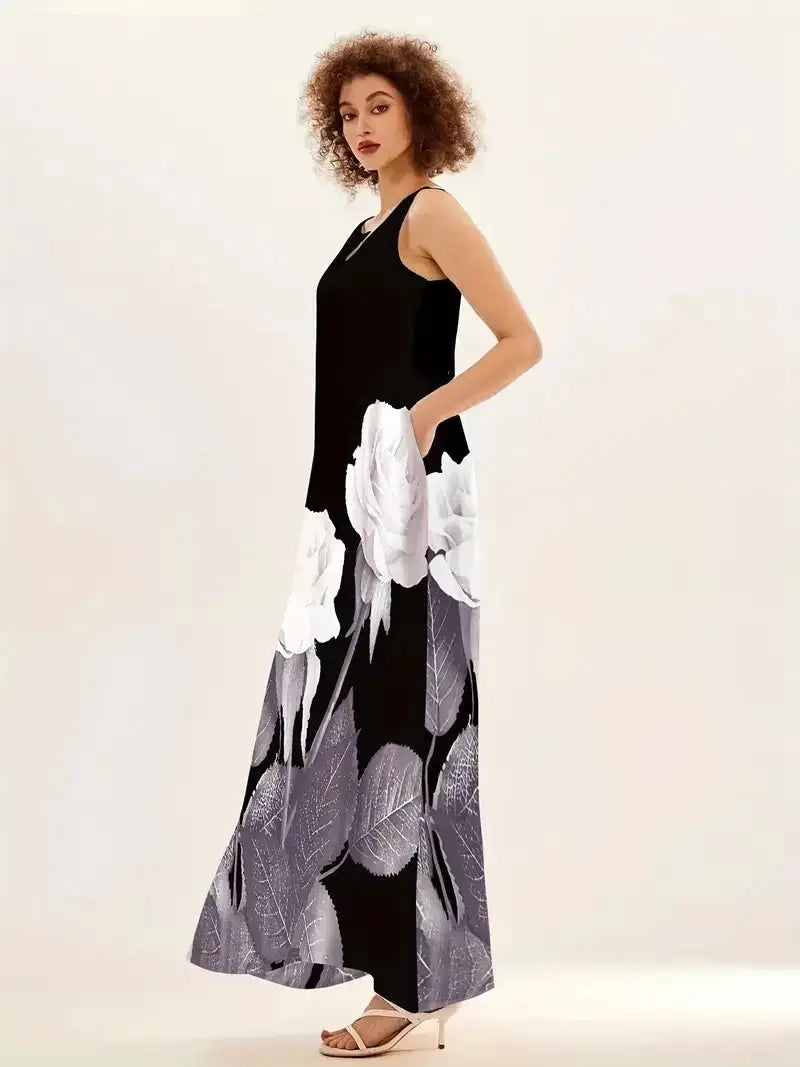 2024 New Summer Women's Sleeveless V-neck Printed Sexy Long Dress for Cross Border Trade in Europe and America - Lootquake