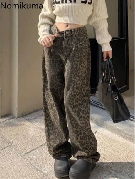Vintage Leopard Print Pantalon Femme Wide Leg Pants Women High Waist Straight Y2k Jeans Casual Fashion Korean  Jean Trousers - Lootquake