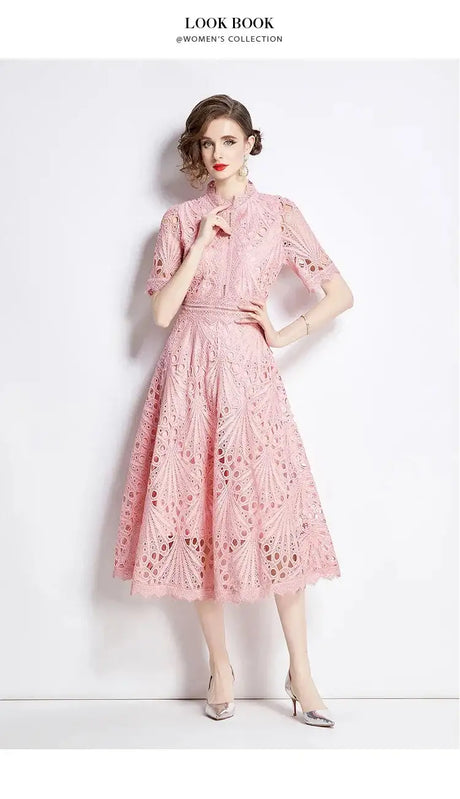 SMTHMA Vintage High-End O-Neck Short Sleeve Lace Hollow Out Dress For Women's Summer Slim Elegant Long Dress Female Clothing - Lootquake