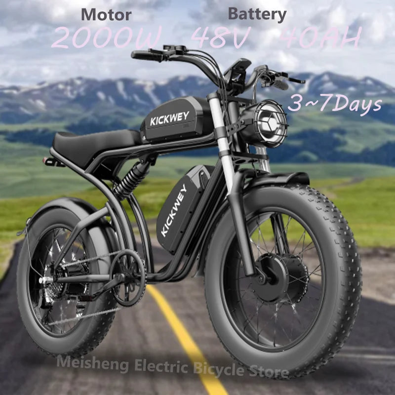Ebike K7 2000W 48V 40AH Maximum Dual Motor Dual Battery Electric Motorcycle 20-inch Fat Tire Off-Road Bike Electric Bike 7 Speed
