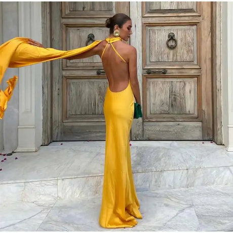 Elegant Satin Halter Slim Long Dress With Scarf Women New Sexy Backless Sleeveless Maxi Dresses Summer Lady Party Chic Vestidos - Lootquake